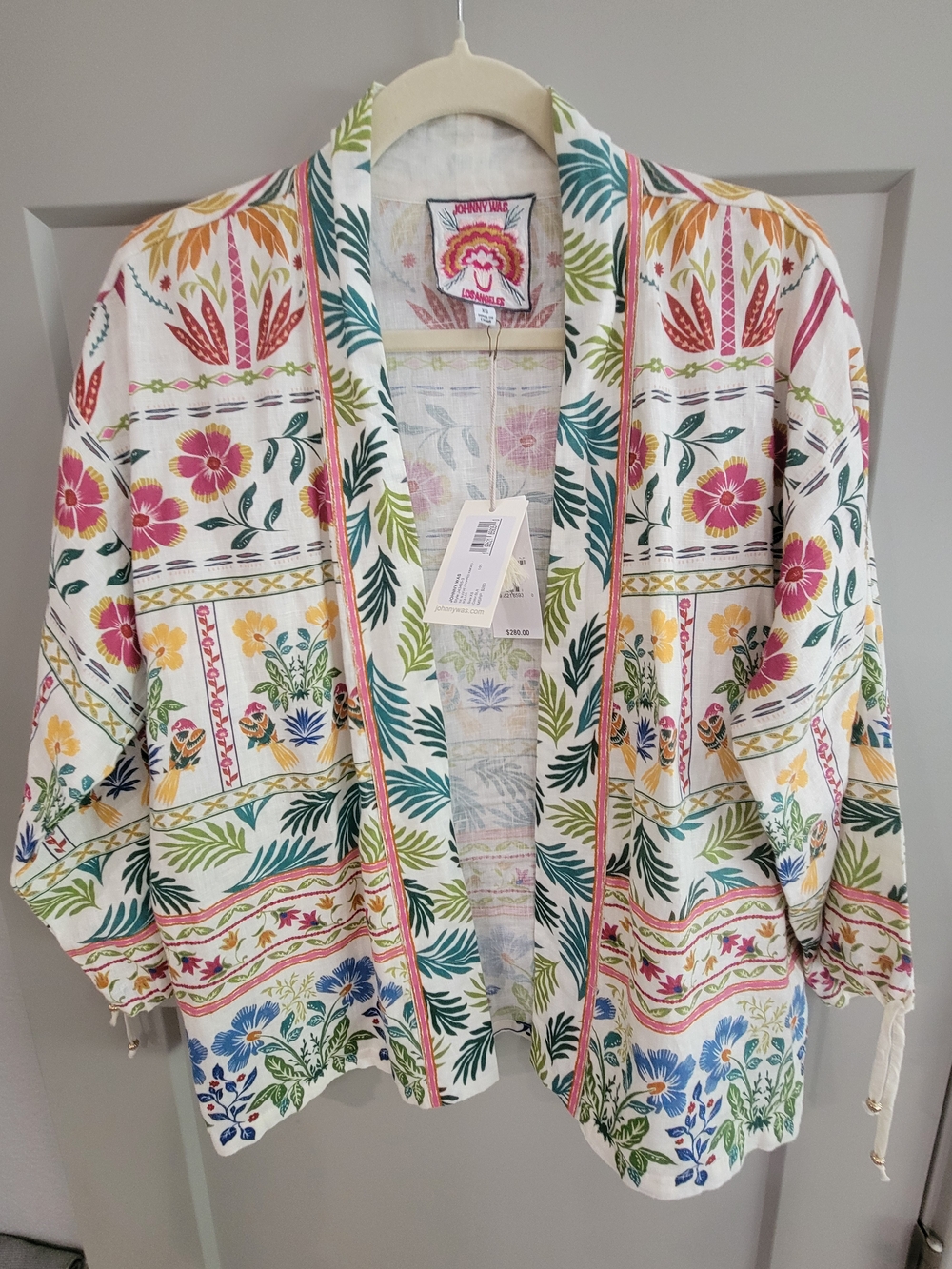 NWT Johnny Was Soller Linen Cropped Kimono Tie Cuff Size XS